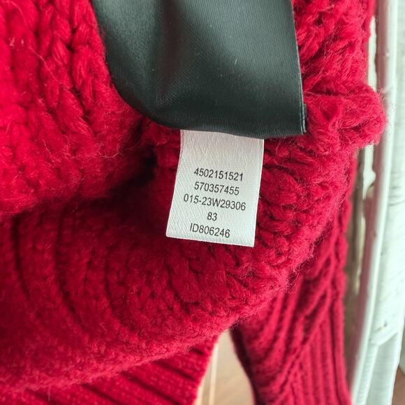 White House Black Market Sweater Medium Red Cable Knit Puff Sleeve Turtleneck - Picture 9 of 14